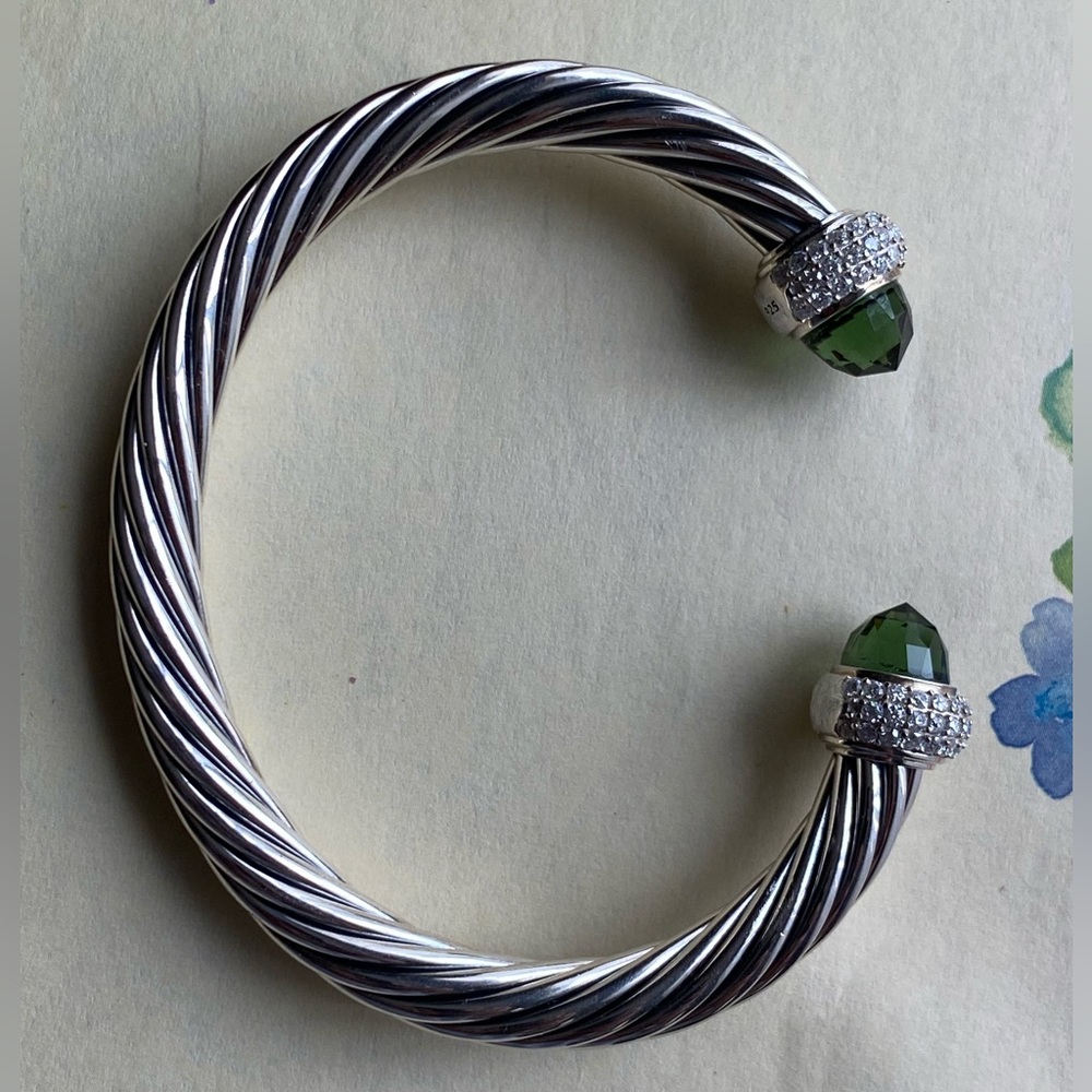 Sterling Twisted Cable 3 Pave Genuine Diamonds Faceted Prasiolite Cuff Bracelet